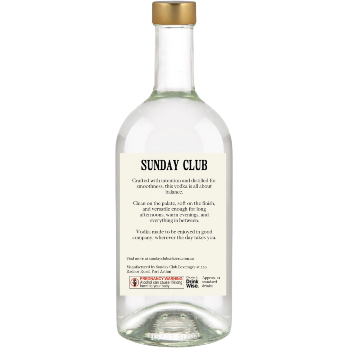 Sunday Club vodka bottle back label