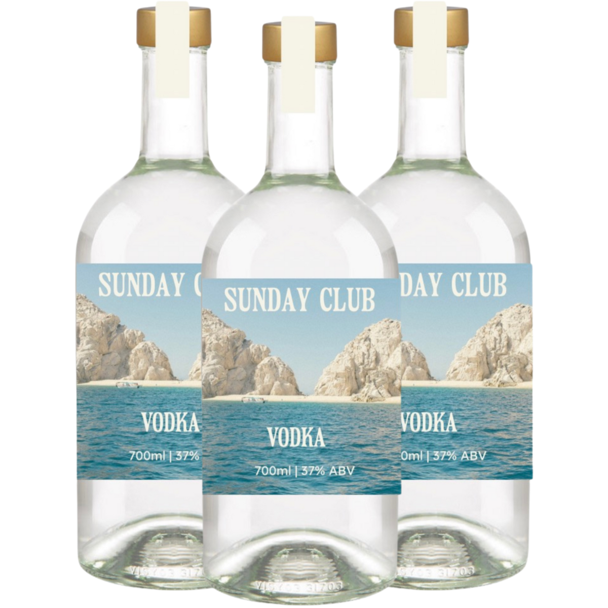 Sunday Club Vodka value bundle featuring three 700ml glass bottles