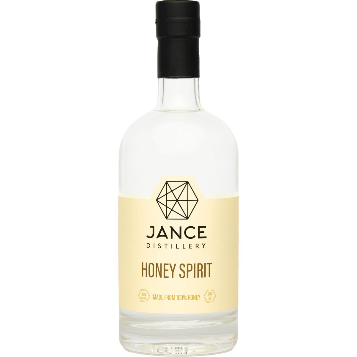 Jance Distillery Honey Spirit in a clear glass bottle with a cream label and black cap