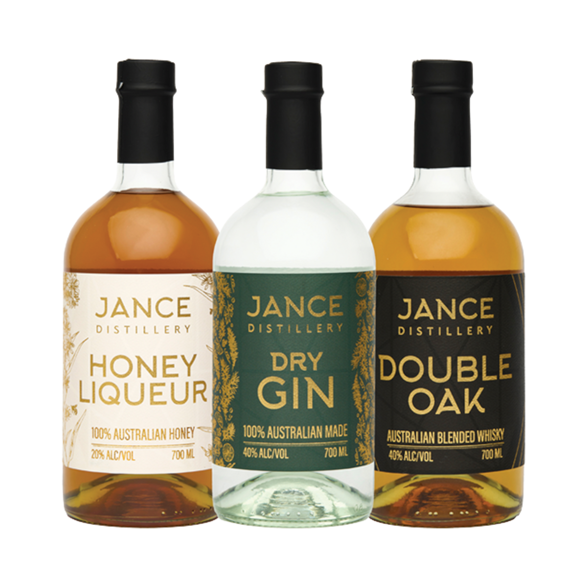 Jance Distillery Signature Three Bundle featuring honey liqueur, dry gin, and double oak whisky bottles.