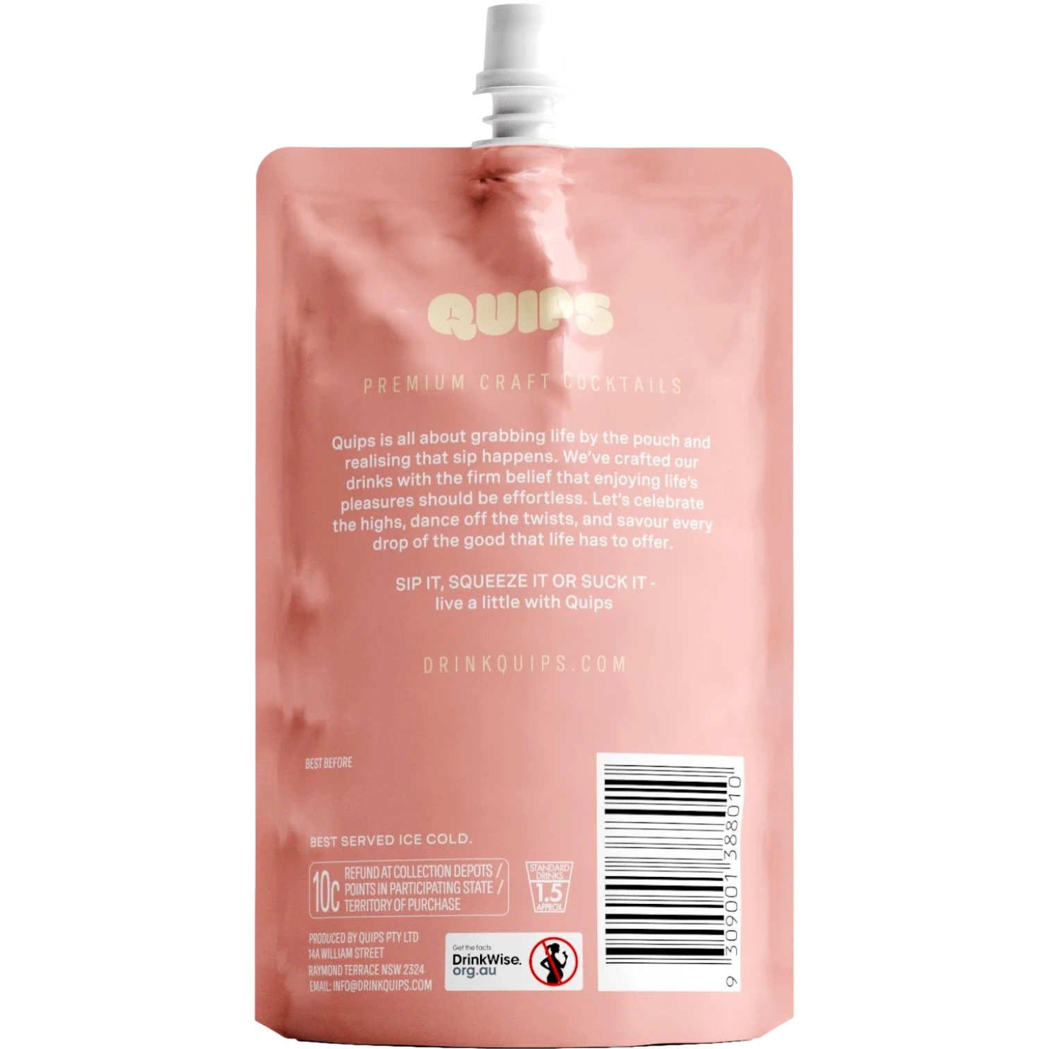 Quips Raspberry Passionfruit Martini Cocktail Pouch 168mL Back Label