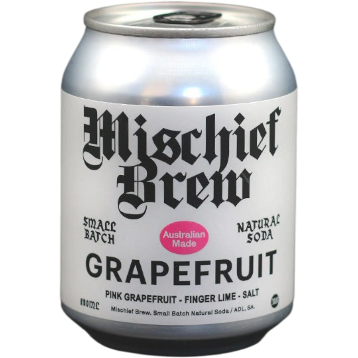 Coupla Mischief Brew grapefruit natural soda can with black gothic lettering and pink Australian made label